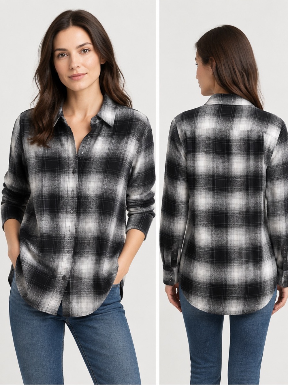 Banana Republic Women’s Black and White Plaid Button-Down Shirt Tall L